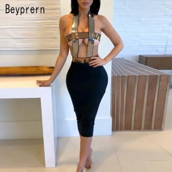 Beyprern Glam Sleeveless Cut Out Sequins Midi Dress Women Sexy Backless Bandage Party Night Out Dress Birthday Outfits Rave Wear